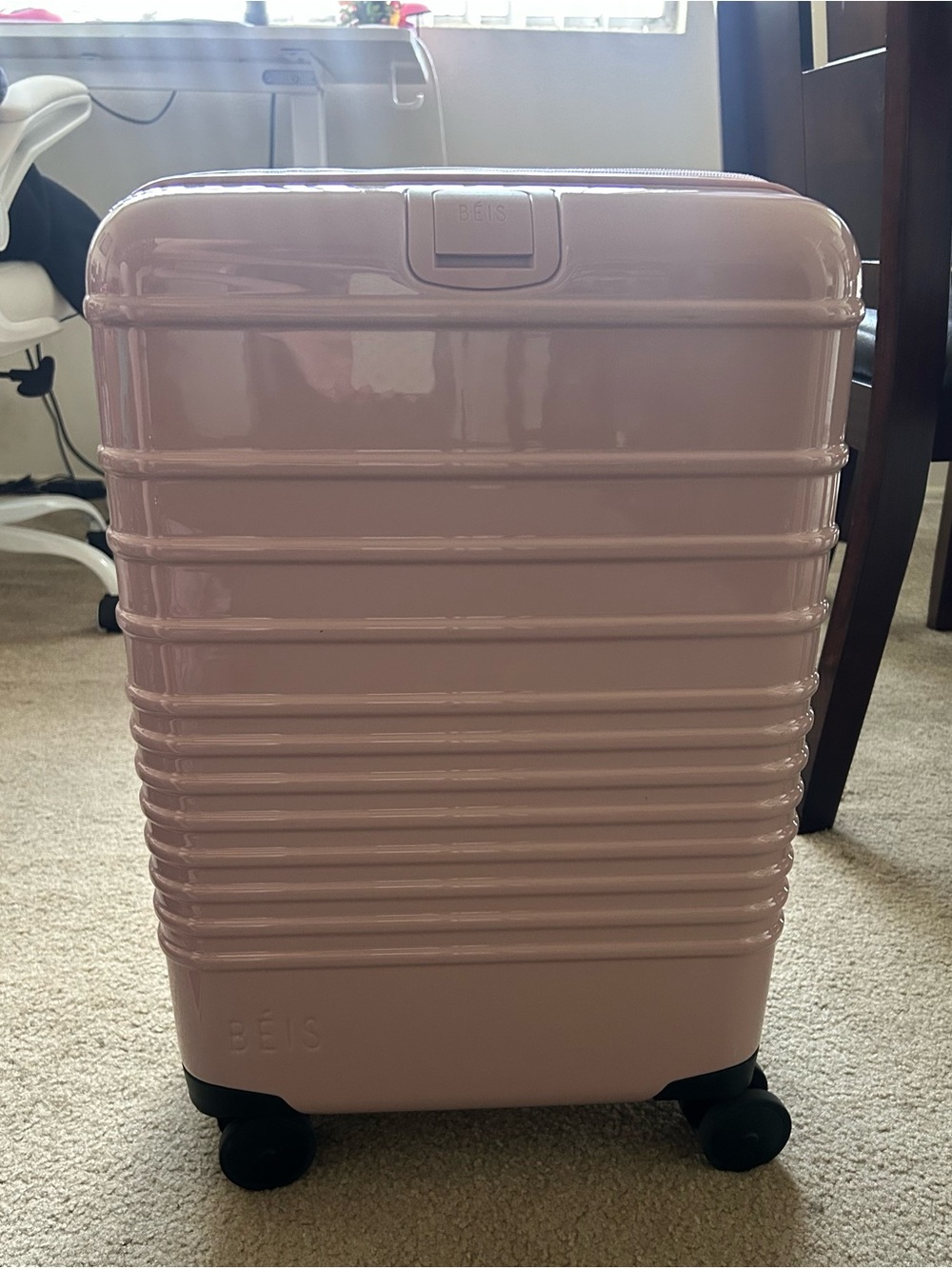 BEIS The Carry-On Roller in Glossy Atlas Pink Suitcase